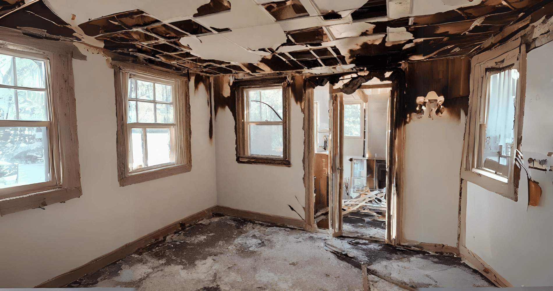 Charred interior of a Austin commercial space after a fire