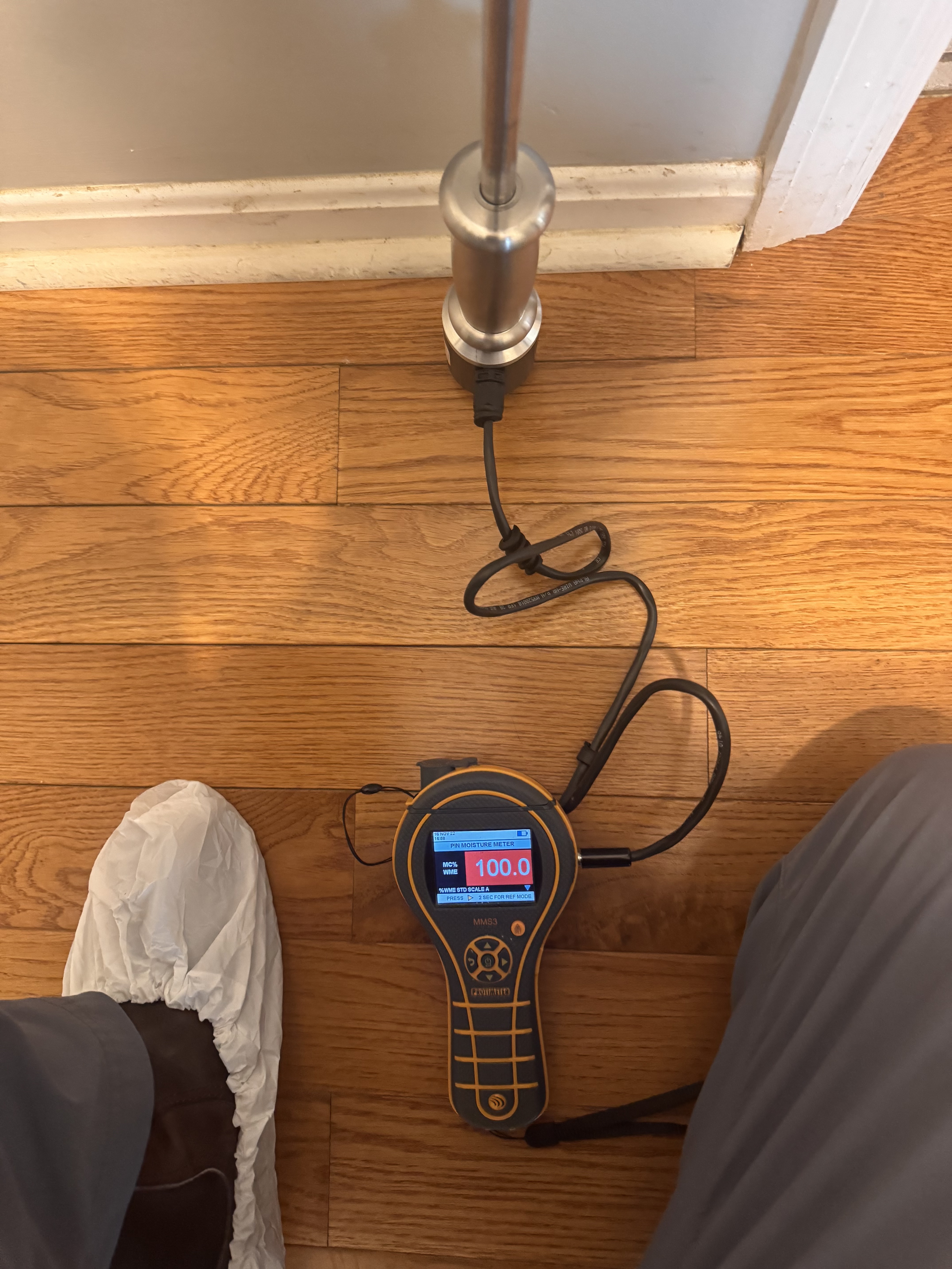 IRS technician using moisture meter to map water damage in a Austin home