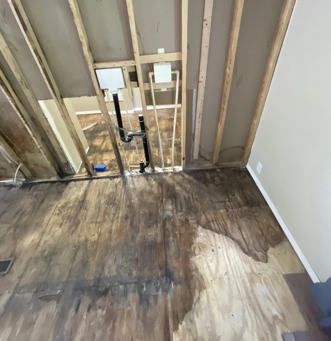 Exposed subfloor and wall studs after water damage extraction in Austin